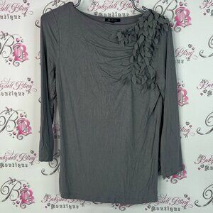 Anne Klein top long sleeves 3D ruffles leaves Gray Blouse with Floral Accents